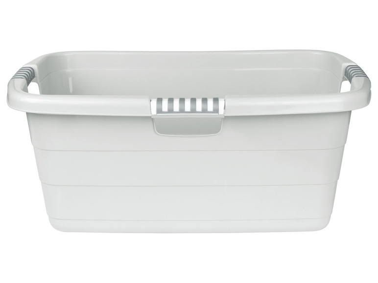 Ein weißer Wäschekorb mit Griffen.