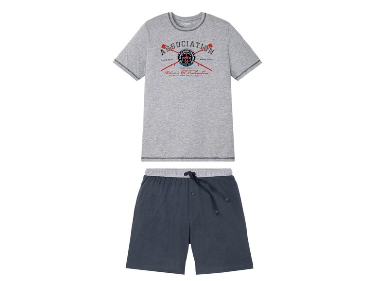 Ein graues T-Shirt und blaue Shorts für Herren mit einem 'Association'-Druck.