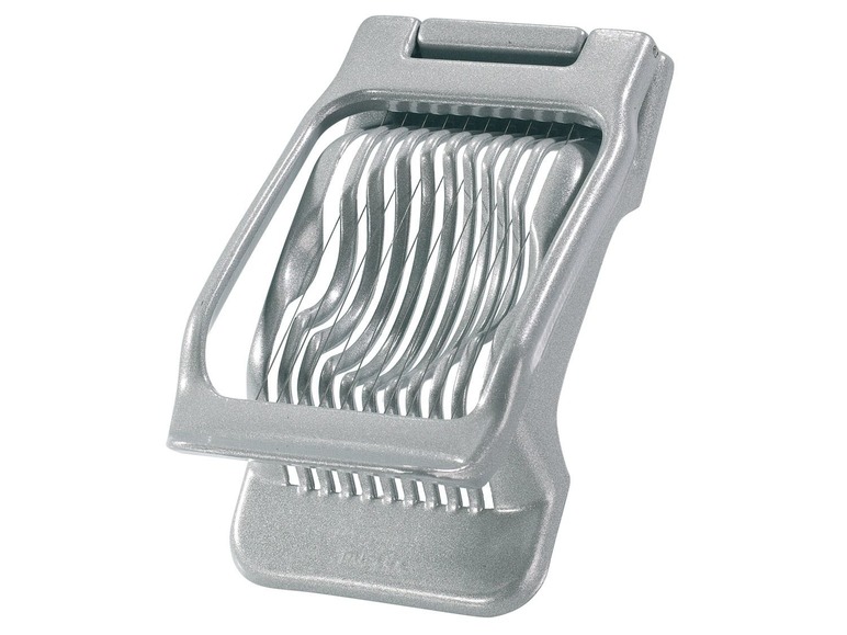 Ein silberner Eier-Schneider zum Schneiden von Eiern in Scheiben.