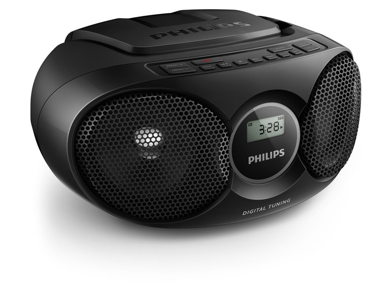 Ein schwarzes Philips Radio mit zwei Lautsprechern und einem CD-Player.