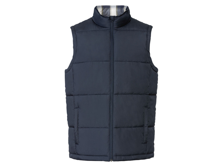 Eine dunkelblaue gesteppte Weste mit kariertem Futter.