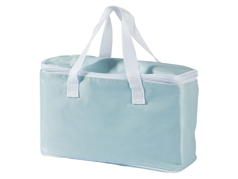 Eine hellblaue Kühltasche mit weißen Griffen.
