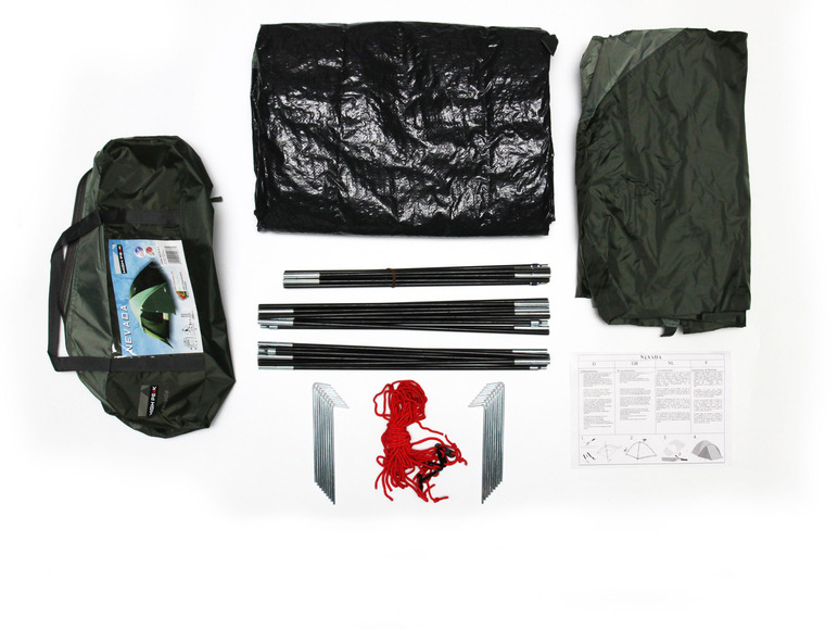 Ein grünes Zelt, Zeltstangen, Heringe und eine Bodenplane von High Peak Nevada.