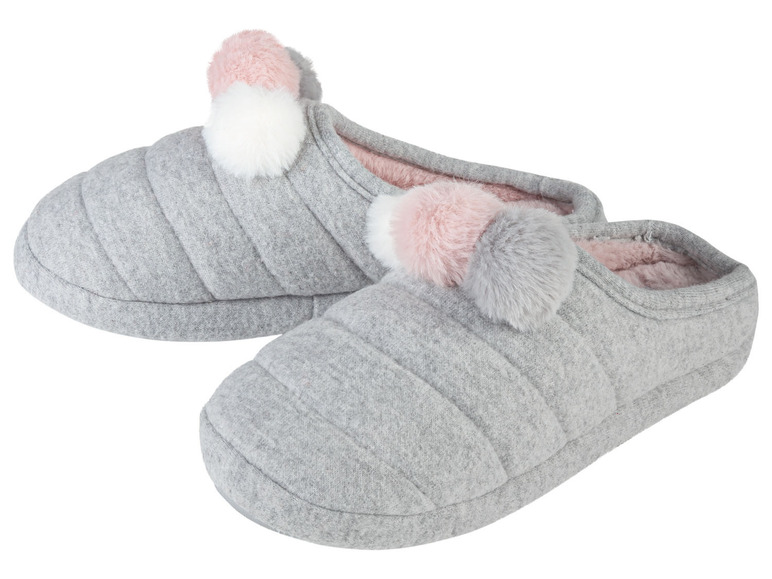 Graue Hausschuhe mit rosa Bommeln