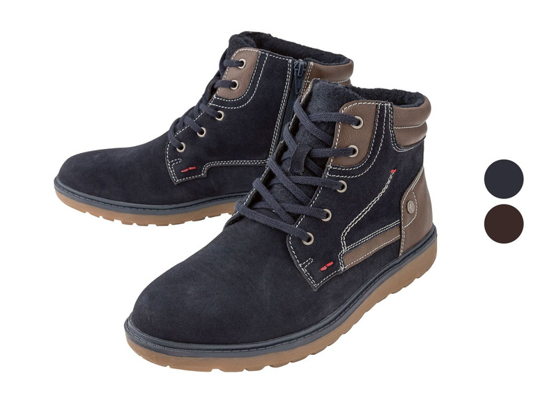 Blaue Herren-Stiefeletten aus Wildleder mit Schnürung und Reißverschluss.