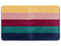 Ein Badezimmerteppich mit Streifen in Gelb, Rosa, Rot, Grün und Blau