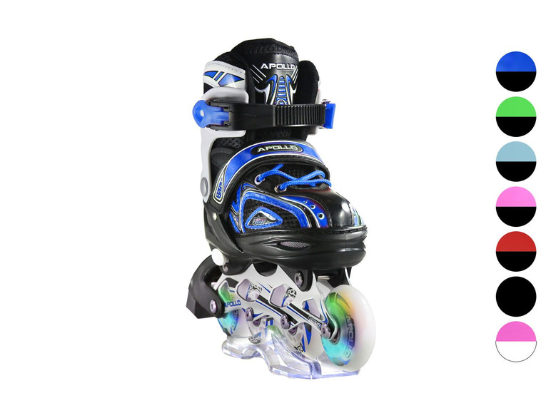 Blaue Inline-Skates von Apollo mit leuchtenden Rollen.