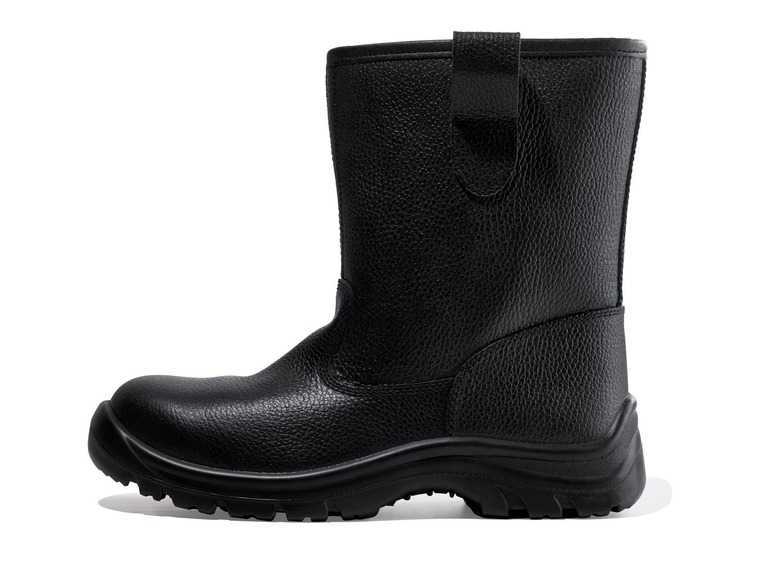 Schwarze Ledersicherheitschuhe mit Stahlkappe.