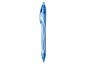 Ein blauer BIC Cristal Stift mit transparentem Griff.