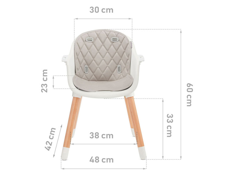 Ein weißer Kinderstuhl mit Holzbeinen und einem grauen Sitz.