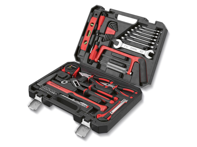 Ein Werkzeugkasten mit Zangen, Schraubendrehern, Hammer und Säge.