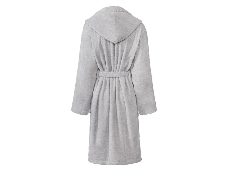 Ein grauer Bademantel mit Kapuze.