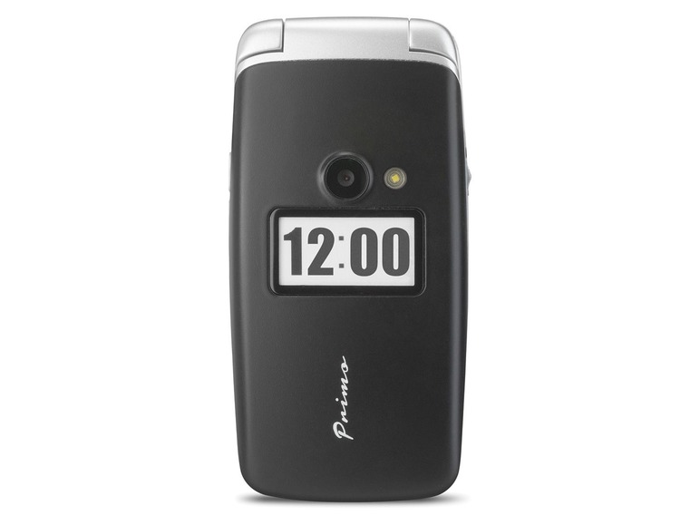 Ein schwarzes Klapphandy der Marke Primo mit einer Zeitangabe von 12:00.