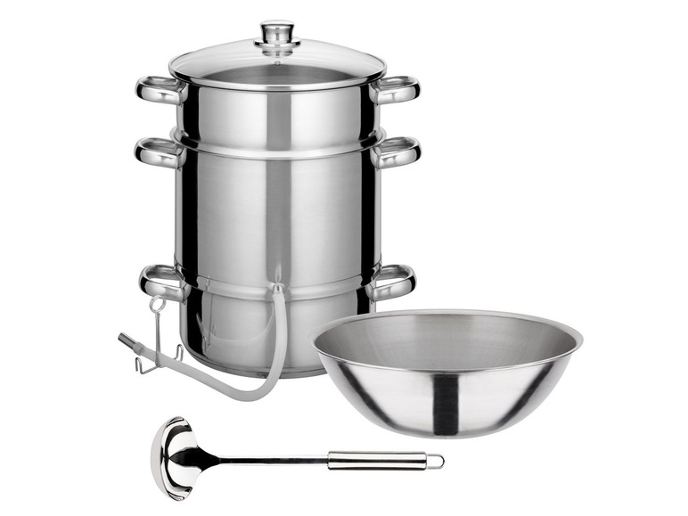 Ein Edelstahl-Saftpresser mit einer Schüssel und einer Schöpfkelle.