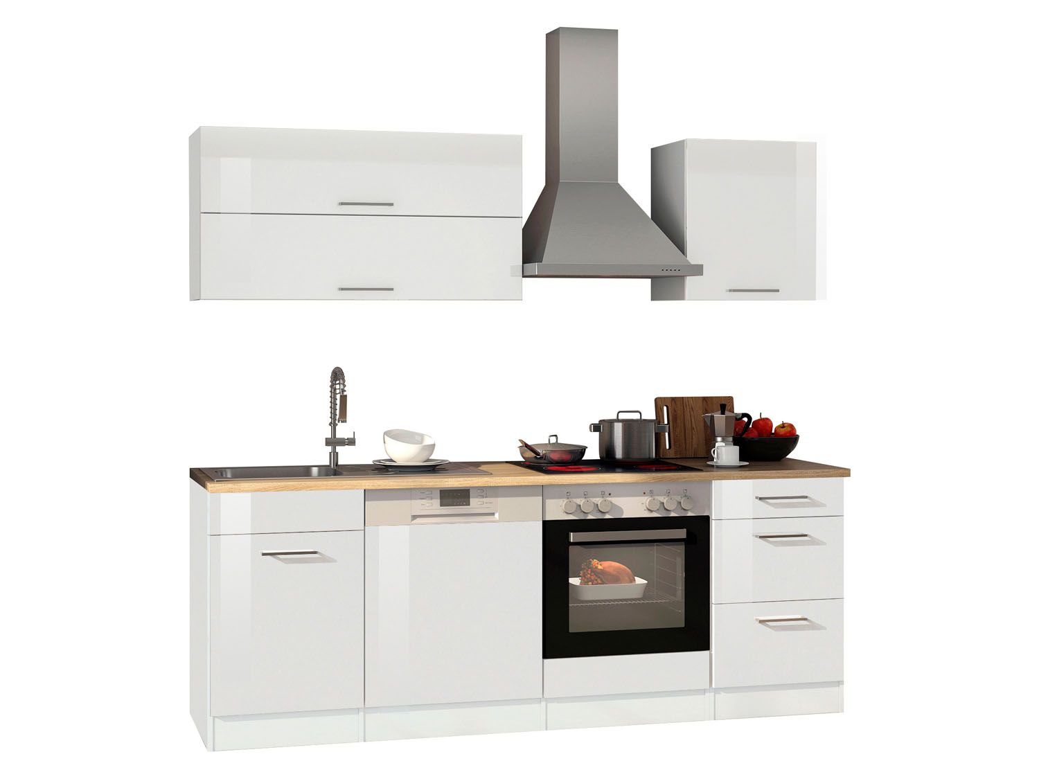 HELD Küchenzeile Mailand 220-390cm (inkl. E-Geräte, Hochglanz-weiß/eiche sonoma, 220 cm) | 04251639434452