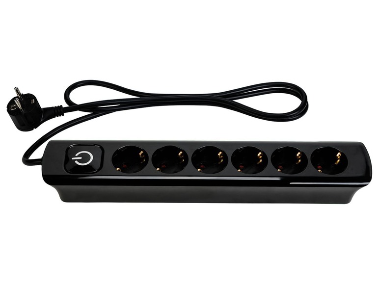 Schwarze Steckdosenleiste mit sechs Steckdosen und einem Ein-/Ausschalter.