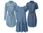 Drei blaue Jeanskleider mit Knöpfen und Gürteln.