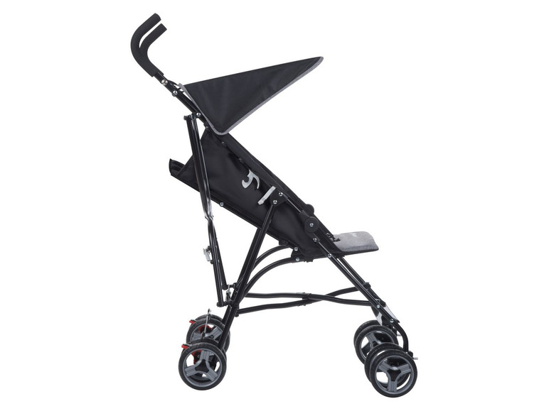 Ein schwarzer, faltbarer Kinderwagen mit Sonnenverdeck.