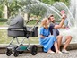 Eine Familie mit einem Baby im Easywalker-Kinderwagen genießt einen Tag im Park.
