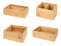 Vier Holz-Aufbewahrungsboxen, darunter eine mit zwei Fächern.