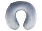 Ein graues U-förmiges Nackenkissen zum Reisen.