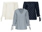 Drei Blusen: eine weiße Off-Shoulder, eine blaue mit weißen Punkten und eine gestreifte blaue.