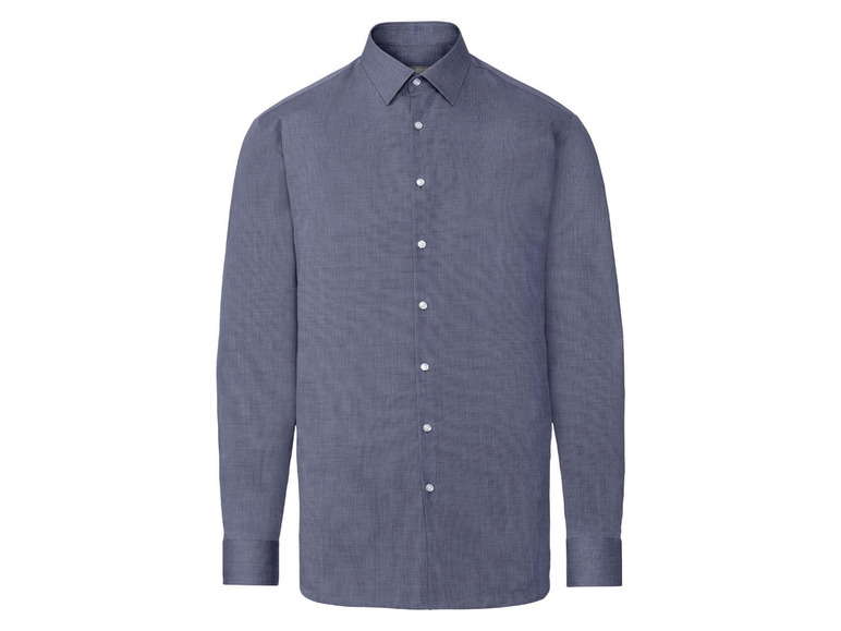 Ein dunkelblaues Hemd mit langem Ärmel und dezentem Muster.