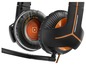 Schwarzes und oranges Thrustmaster-Gaming-Headset mit großen Ohrmuscheln.