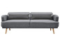 Ein graues Schlafsofa mit zwei Kissen und Holzbeinen.