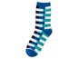Eine blaue Socke mit weißen und grünen Streifen.
