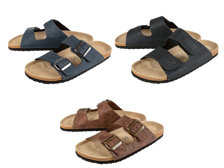 Drei Paar Herrensandalen mit Schnallen in Dunkelblau, Schwarz und Braun.