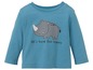 Ein blaues Langarmshirt für Babys mit einem Nashorn und dem Text 'let's have fun today'.