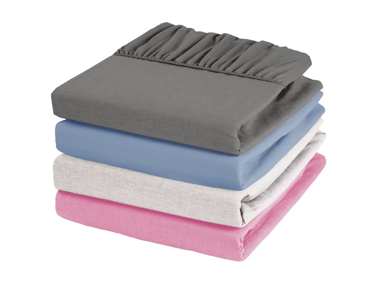 Ein Stapel Bettwäsche in Grau, Blau, Grau und Rosa.