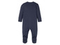 Ein dunkelblauer Strampler mit Füssen für Babys.