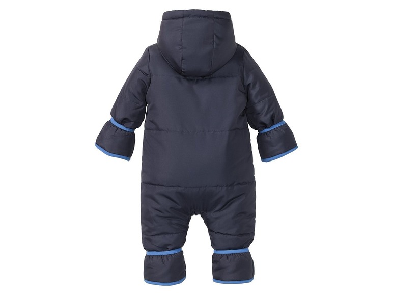 Ein dunkelblauer Baby-Winteroverall mit Kapuze.