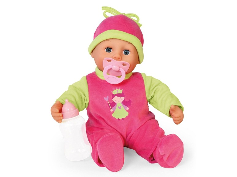 Eine rosa Baby-Puppe mit Schnuller und Flasche.