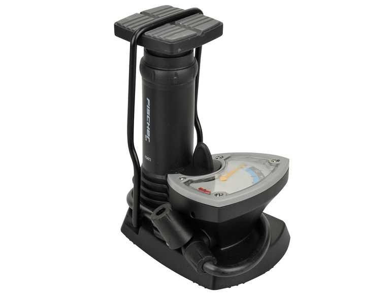 Eine schwarze Fahrradpumpe mit Manometer von Fischer.