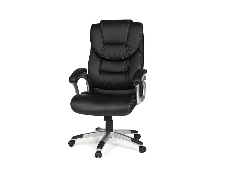 Ein schwarzer Bürostuhl mit Armlehnen und Rollen.