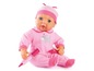 Eine rosa Baby-Puppe mit einer Spritze und einem Thermometer.