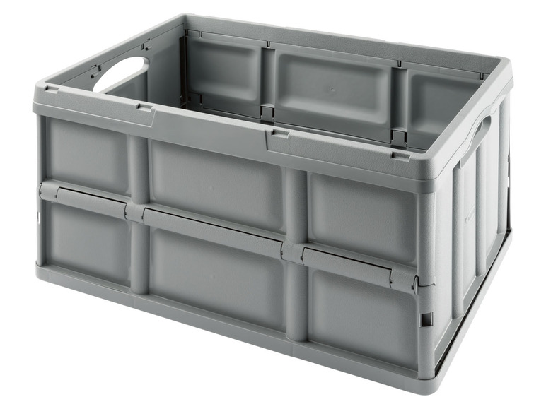 Graue faltbare Aufbewahrungsbox mit Griff.