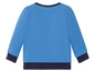 Blauer Pullover mit langen Ärmeln und dunkelblauem Saum.