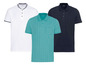 Drei Poloshirts von Livergy: weiß, türkis mit Print und dunkelblau.