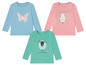Drei Langarmshirts mit Prints von einem Schmetterling, einer Maus und einem Schaf.