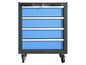 Ein blauer Werkzeugwagen mit vier Schubladen auf Rollen.