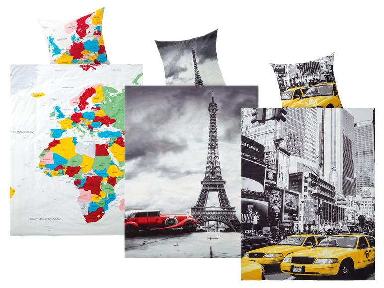 Bettwäsche mit Weltkarte, Eiffelturm und New Yorker Skyline.