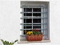 Ein Fenster mit Sicherheitsgitter und einem Blumentopf mit Blumen.