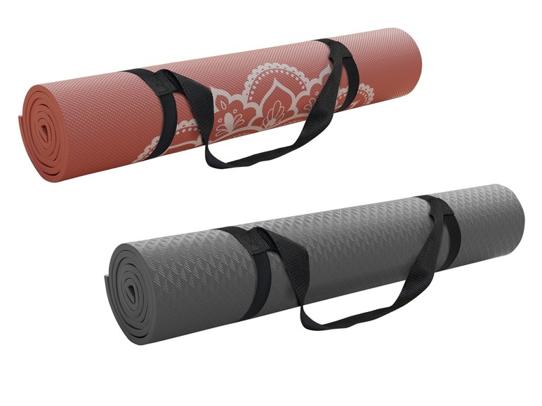 Zwei Yogamatten mit Mandala-Druck und einem Rautenmuster.