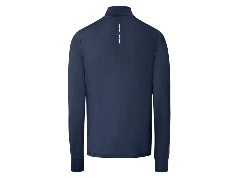 Ein dunkelblaues Langarmshirt mit hohem Kragen.