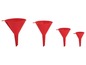 Vier rote Plastik-Trichter in verschiedenen Größen.