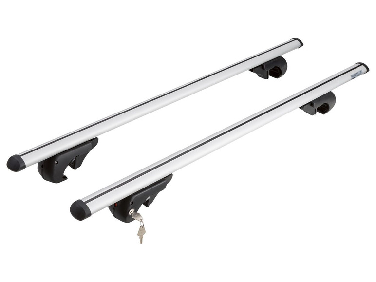 Zwei silberne Dachträger mit Schlössern.